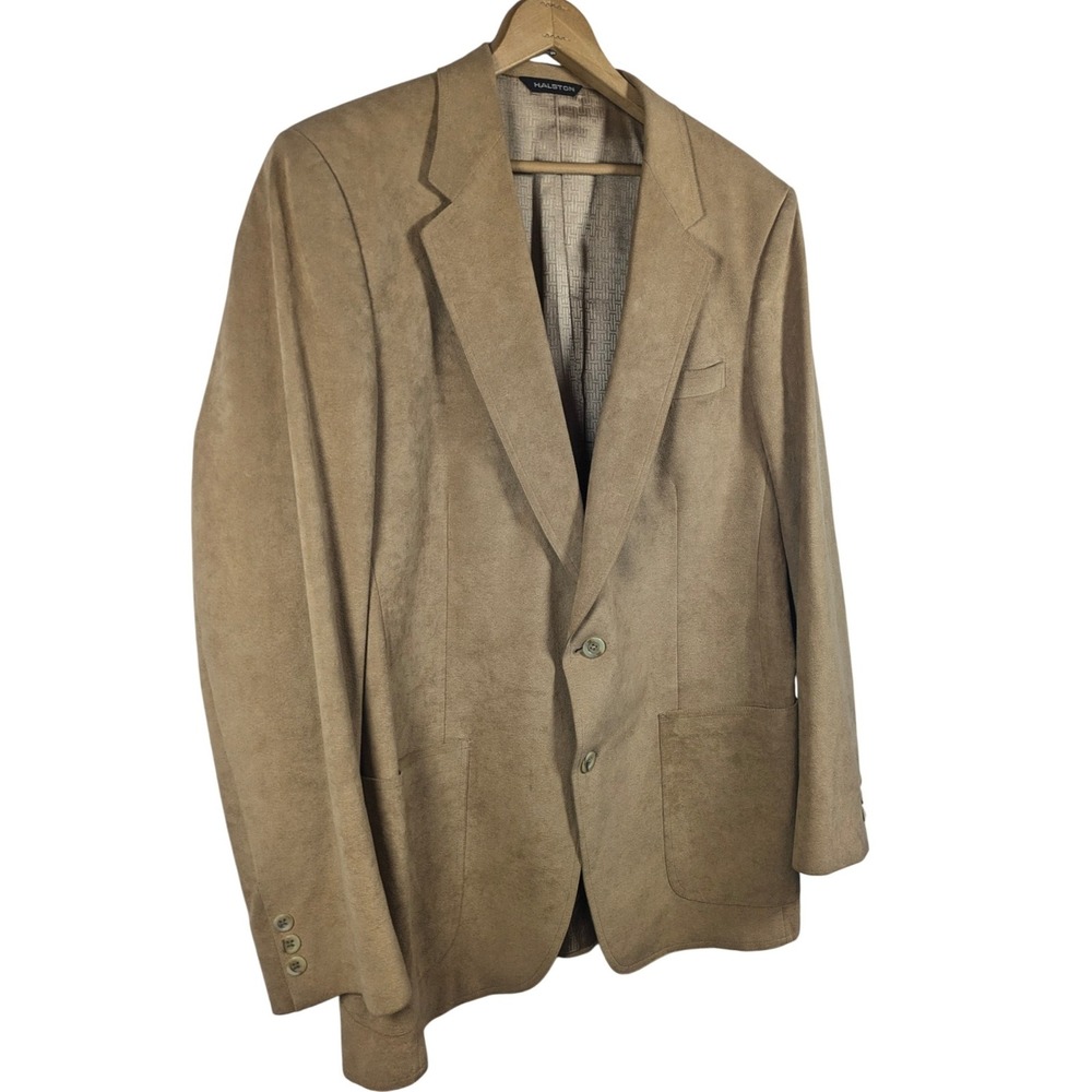 Halston Vintage 1970s Halsuede Tan Faux Suede Men's Blazer Jacket Large - Picture 7 of 8